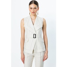 Ekol Kadın Kruvaze Yaka Çizgili Yelek 4050 Taş