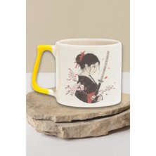 Samuray Kızı 4 Baskılı Anime Karakteri Japon Samuray Doğum Günü Hediye Sarı Kulplu Kupa Bardak