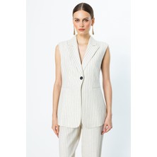 Ekol Kadın Çizgi Desenli Tek Düğme Yelek 4118 Taş