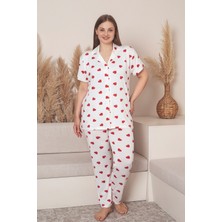 Büyük Beden Milan Düğmeli Kalpli Likralı Gömlek Pijama Takımı