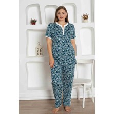 X-Dreamy Büyük Beden Likralı Pamuklu Çiçekli Kısa Kollu Pijama Takımı