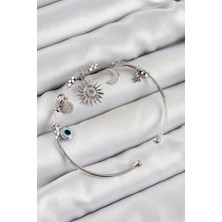 Pirinç Zirkon Taşlı Güneş Ay ve Nazar Model Gümüş Renk Charm Bileklik
