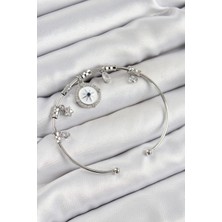 Pirinç Zirkon Taşlı Pusula Model Gümüş Renk Charm Bileklik