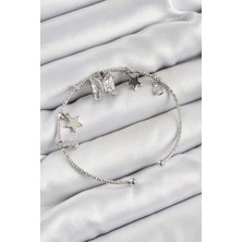 Pirinç Zirkon Taşlı Kelebek ve Yıldız Model Gümüş Renk Charm Bileklik