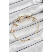 Pirinç Zirkon Taşlı Kelebek ve Yıldız Model Gold Renk Charm Bileklik