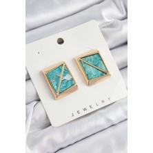 Pirinç Turkuaz Üçgen Kesim Detaylı Kare Model Vintage Gold Renk Kadın Küpe