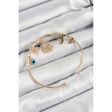 Pirinç Zirkon Taşlı Güneş Ay Nazar Model Gold Renk Charm Bileklik