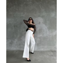 Beli Kemerli Beyaz Keten Pantolon
