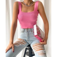 Kare Yaka Ince Crop Triko Trend Bluz