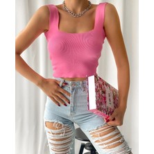 Kare Yaka Ince Crop Triko Trend Bluz