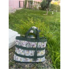 Kağıt Ip , El Örgüsü, Örme, Plaj, Pazar, Günlük , Çanta, Tasarım , Yeşil Ebruli, Astarlı, Cepli