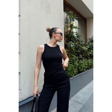 Halter Yaka Atlet Bol Paça Pantolon Kadın Siyah Ikili Takım