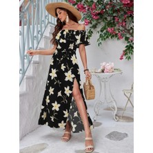 Ag Shoppings Kadın Kısa Kollu Madonna Yaka Fırfırlı Belden Yırtmaçlı Maksi Örme Krep Elbise