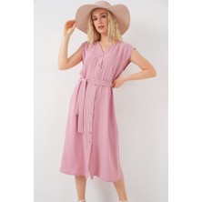 Arben Boutique Sıfır Kol Kuşaklı Ayrobin Elbise 2568 - Pudra