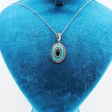 Tesbih Pasajı Firuze ve Oltu Taşı İşçilikli 925 Ayar Gümüş Kolye