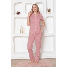 Monox Kadın Önden Düğmeli Kısa Kol Likralı Çizgili Gömlek Pijama Takımı