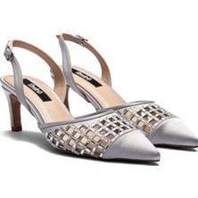 Kadın Topuklu Kristal Taşlı Saten Abiye Ayakkabı Gümüş 5205