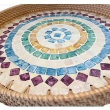 Colourful Design Sedef Kaplama Yuvarlak Rattan Tepsi