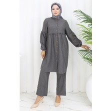 Sefa Merve Büzgülü Düğmeli Tunik Pantolon Ikili Takım 0115-02 Antrasit