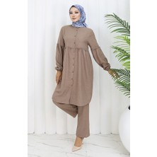 Sefa Merve Büzgülü Düğmeli Tunik Pantolon Ikili Takım 0115-04 Vizon