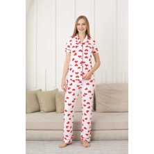 Monox Kadın Önden Düğmeli Kısa Kol Likralı Kalp Baskılı Pijama Takımı