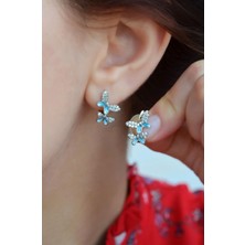 Sacce Scarves & Accessories Zirkon Taşlı Ikili Mavi Kelebekli Küpe Oval Model