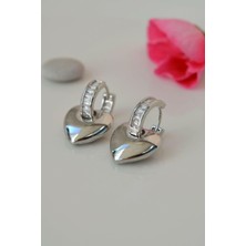 Sacce Scarves & Accessories Gümüş Renkli Bombeli Kalpli Küpe Taşlı Halka Kalp Charmlı