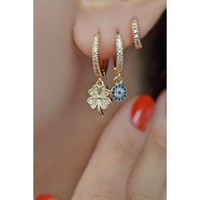 Sacce Scarves & Accessories Altın Renkli Yonca Detaylı Üçlü Küpe Seti