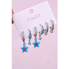 Sacce Scarves & Accessories Firuze Mavi Çiçekli Küpe Seti 6 Parça Gümüş Renkli