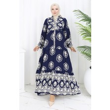 Sefa Merve Viskon Kumaş Yarım Düğmeli Elbise 0109-03 Lacivert