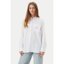 Kadın Relaxed Fit Cepli Esnek Poplin Gömlek - Beyaz