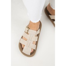 Manijero Brancato Kadın Hakiki Deri Tokalı Bantlı Sabo Bej Terlik