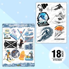 Tugibu Snowboard Sticker Seti, Kayak Temalı Sticker Seti, Kış Tatili Sticker, 18 Adet Skiing Etiket 