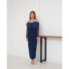 Açık Omuz Kollu Midi Boy Lacivert  Abiye