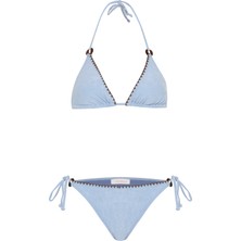 Süet Dokulu Mavi Üçgen Bikini Takım