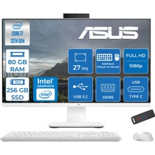 Asus V470VAK Intel Core I7-13620H 80GB Ddr5 256GB SSD 27'' Fhd 100Hz 300NITS Freedos  Beyaz Allınone Bilgisayar ABI716512W0DF31+ZETTAUSBBELLEK