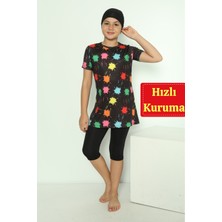 Stilim Trend Boneli 3 Parça Desenli Mayo Bone Tayt Şort Hızlı Kuruma Özellikli Kız Çocuk Mayo
