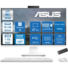 Asus V470VAK Intel Core I7-13620H 16GB Ddr5 1tb SSD 27'' Fhd 100Hz 300NITS Windows 11 Home Beyaz Allınone Bilgisayar ABI716512W0DH03+ZETTAUSBBELLEK