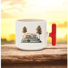 Karavan Tasarımlı Kırmızı T Kulplu Seramik Baskılı Kupa Bardak 250 ml