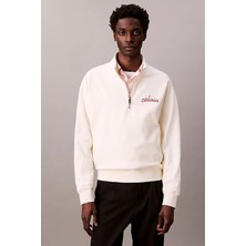 Erkek Yarım Fermuarlı Yazı Logolu Sweatshirt - Krem