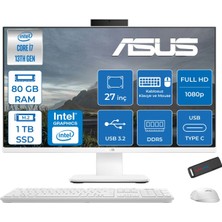 Asus V470VAK Intel Core I7-13620H 80GB Ddr5 1tb SSD 27'' Fhd 100Hz 300NITS Freedos  Beyaz Allınone Bilgisayar ABI716512W0DF33+ZETTAUSBBELLEK