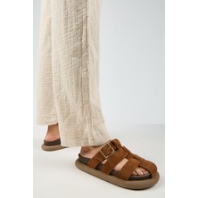 Manijero Brancato Kadın Hakiki Deri Tokalı Bantlı Sabo Taba Terlik