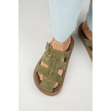 Manijero Brancato Kadın Hakiki Deri Tokalı Bantlı Sabo Haki Terlik