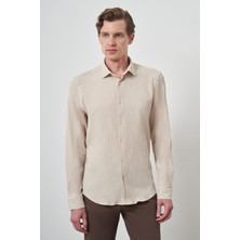  Erkek Bej Gofre Trend Desenli Dynamic Fit Italyan Yaka Gömlek