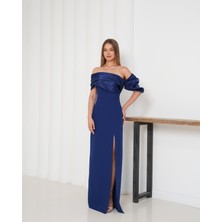 Kol Detaylı Uzun Lacivert Tasarım Elbise