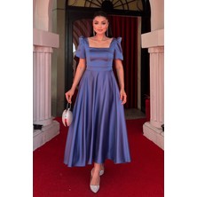 Saten Kumaş Kare Yaka Balon Kol Midi Elbise - Indigo Mavi