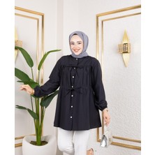 Kadın Düğmeli Bağlamalı Siyah Gömlek