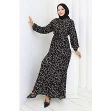 Sefa Merve Çiçek Desenli Viskon Elbise 0113-02 Siyah