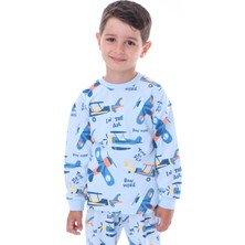 Uçak Baskılı %100 Pamuk Uzun Kollu Erkek Çocuk Pijama Takımı (3,4,5,6,7,8 Yaş)