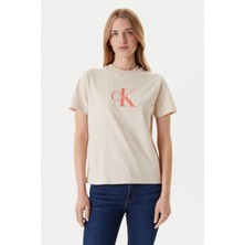 Kadın Monogram Logolu T-Shirt - Bej